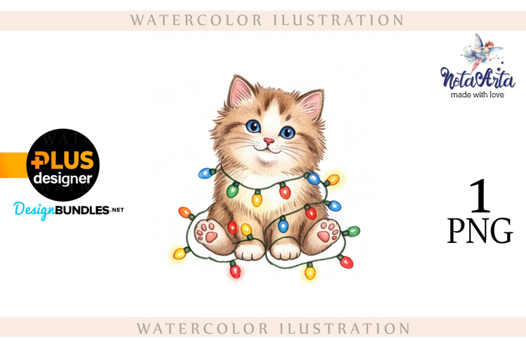 Christmas Kitten in Watercolor Style