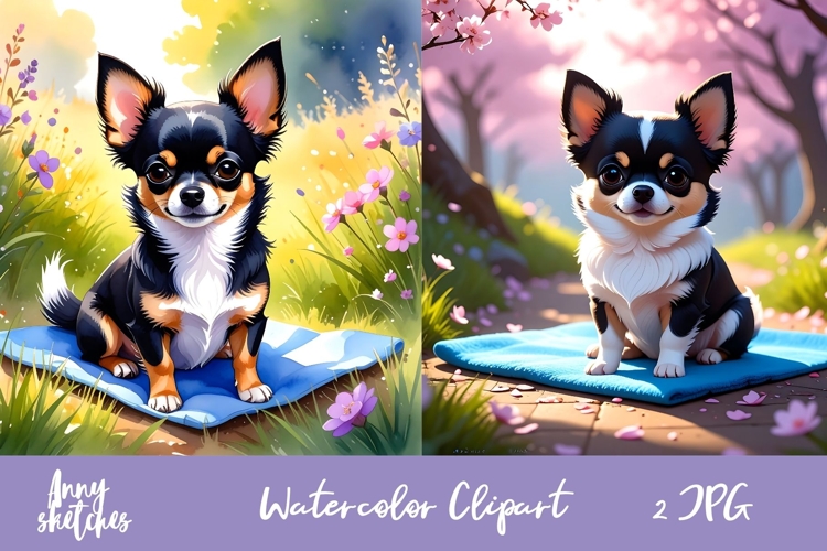 Cute Watercolor Floral Chihuahua Clipart 2 JPG