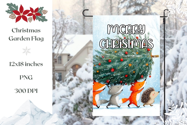 Merry Christmas Garden Flag, Cartoon Winter Animals PNG