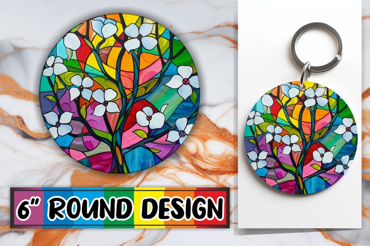 Stained Glass Keychain Colorful Tree Round Design example image 1