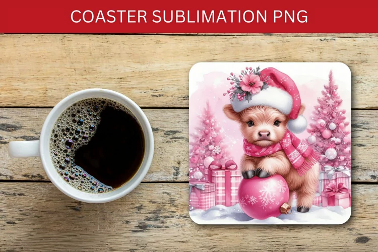 square coaster - pink highland cow