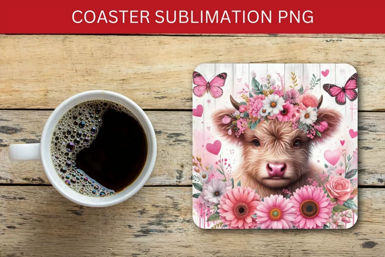 square coaster - floral pink highland cow