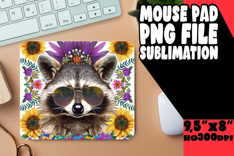 Whimsical Raccoon with Floral Mouse Pad PNG