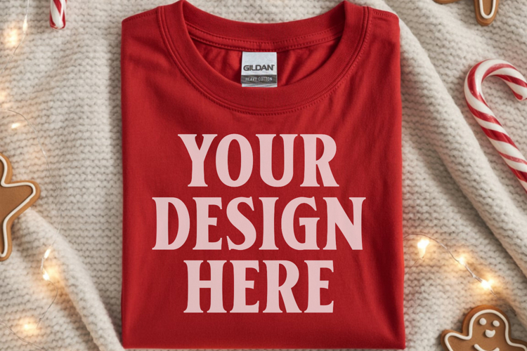 Gildan 64000 Red Folded Christmas Flat Lay T-shirt