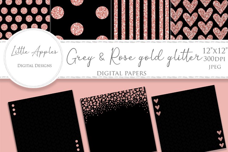 Digital Papers - Scrapbooking - black & rose gold glitter example image 1