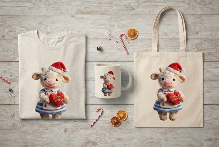 Crochet Happy Nurse Cow Christmas Toy Art Print example image 1
