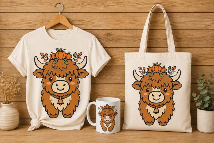Cute Kawaii Highland Cow with Pumpkin Crown Art PNG