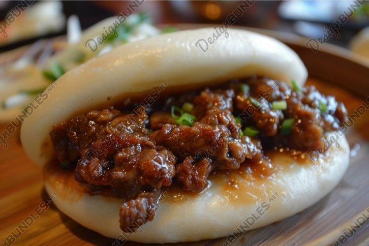 Enjoying delicious asian style bao bun example image 1