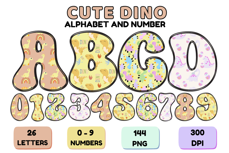 Cute Dinisaur Alphabet & Numbers PNG - 300 DPI Clipart