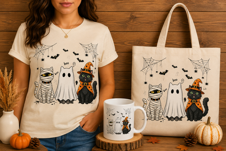 Cute Halloween Cats Mummy Ghost Witch Costume Art Design