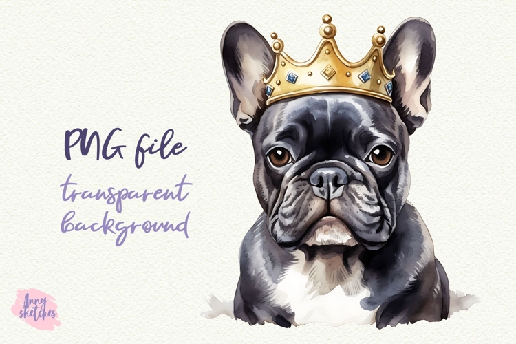 French Bulldog in Crown Watercolor Clipart PNG