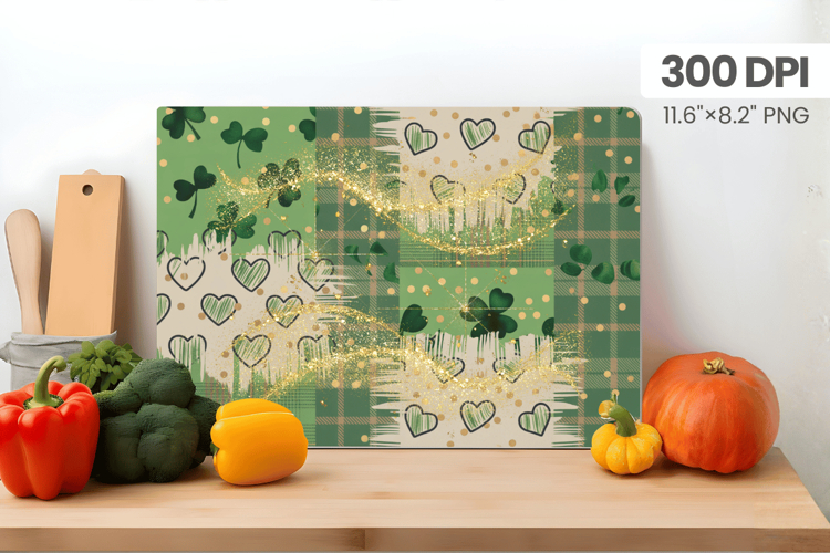 Green Shamrock Hearts Gold Cutting Board PNG Sublimation Des