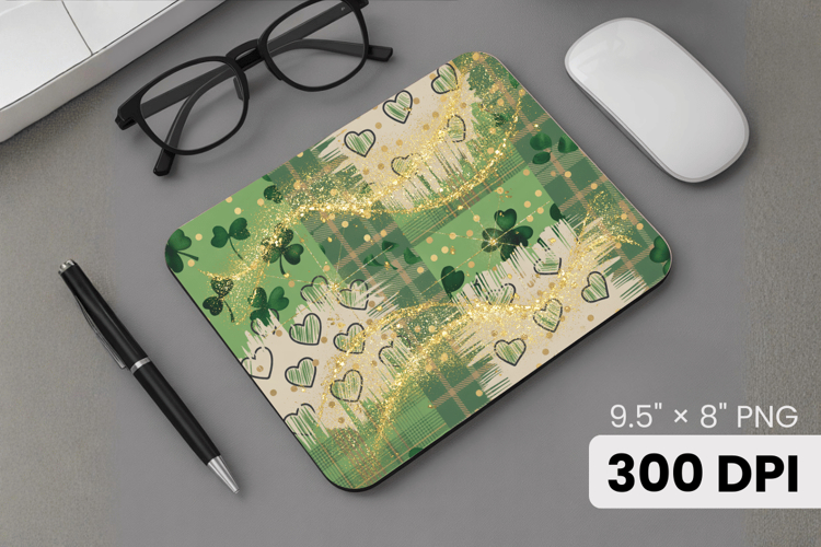 Green Shamrock Hearts Gold Mouse Pad PNG Sublimation Design