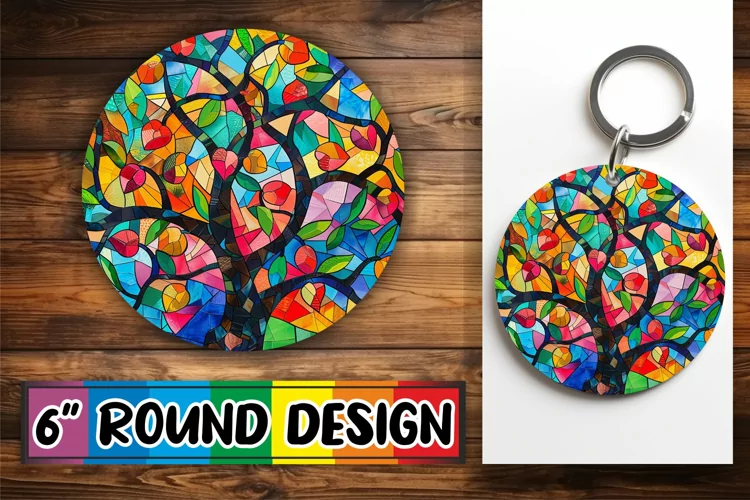Stained Glass Tree Round Design Keychain Colorful Art