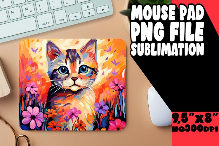Cute Kitty with Floral Mouse Pad Sublimation PNG