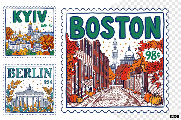 Fall Travel Postage Stamps Clipart