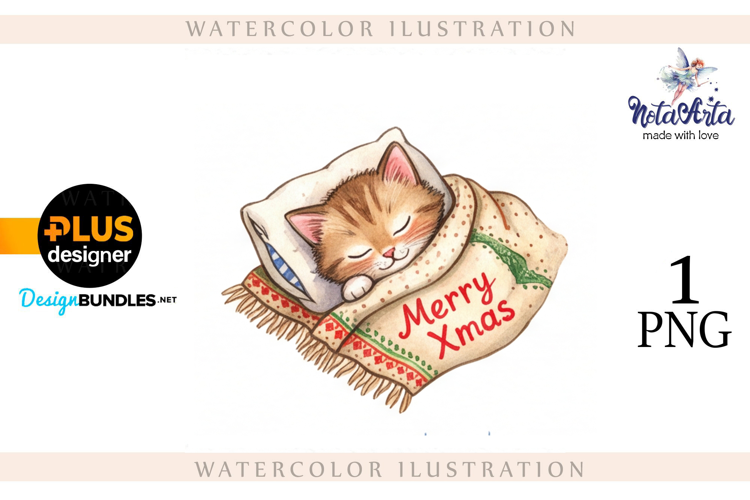 Christmas Kitten in Watercolor Style