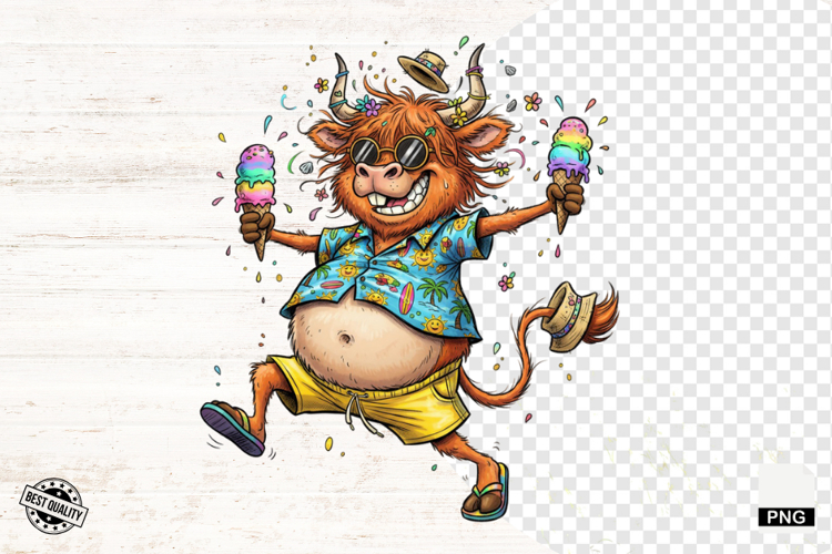 Summer Whimsical Highland Cow Clipart