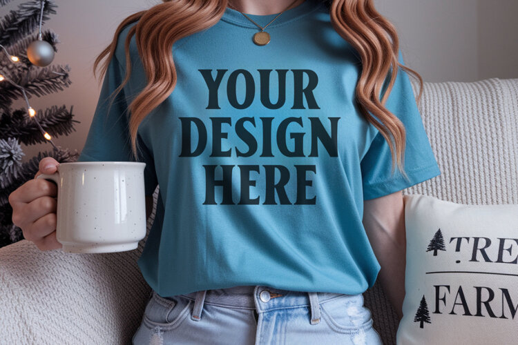 Blue Spruce Comfort Colors 1717 Christmas Shirt Mockup, Cozy example image 1