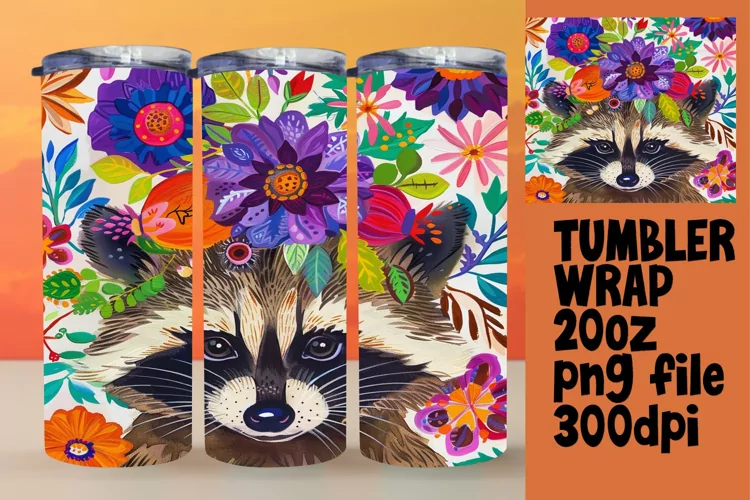 Raccoon & Flower Sublimation Wrap for Tumblers 20oz