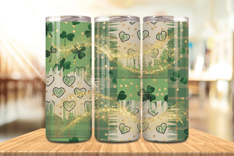 Green Shamrock Hearts Gold Tumbler Wrap PNG Sublimation Desi