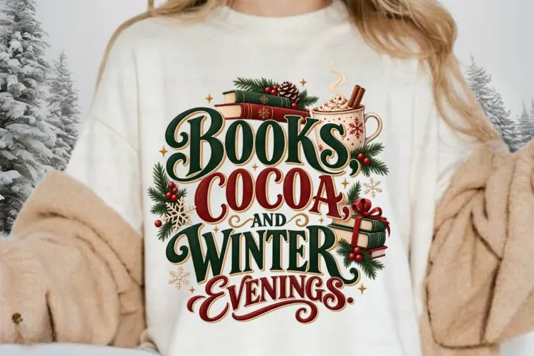 Books Cocoa & Winter Evenings PNG, Cozy Christmas Book Lover