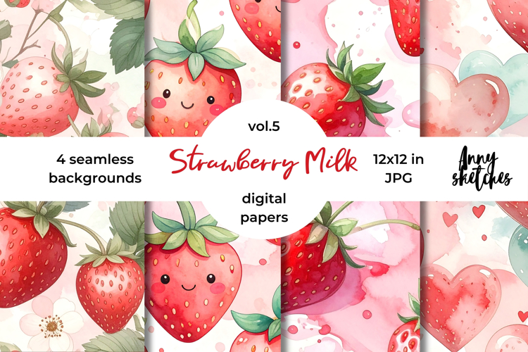 Strawberry Milk Digital Paper Watercolor Seamless Patterns