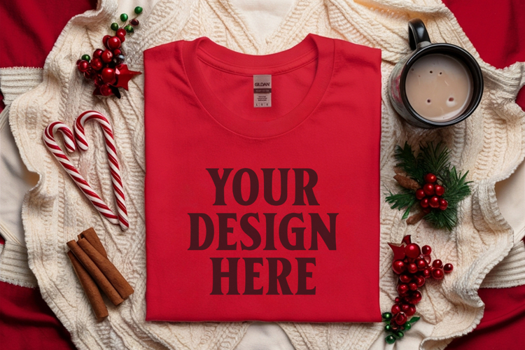 Gildan 5000 Red Folded Christmas Mockup, G5000 mockup