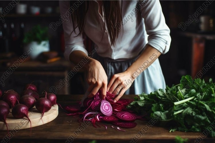 Woman slicing red onions on wooden table