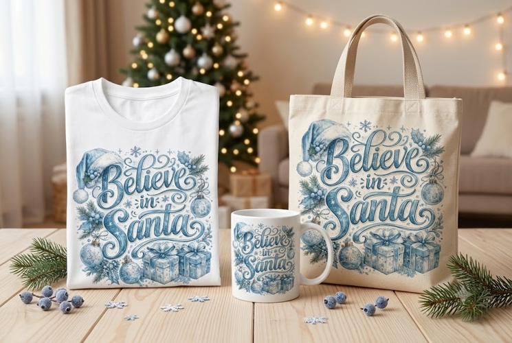 Believe in Santa PNG, Blue Christmas Typography, Winter Holi