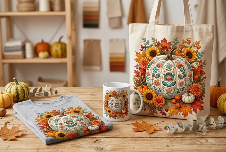 White Folk Art Pumpkin PNG | Fall Floral Pumpkin Clipart