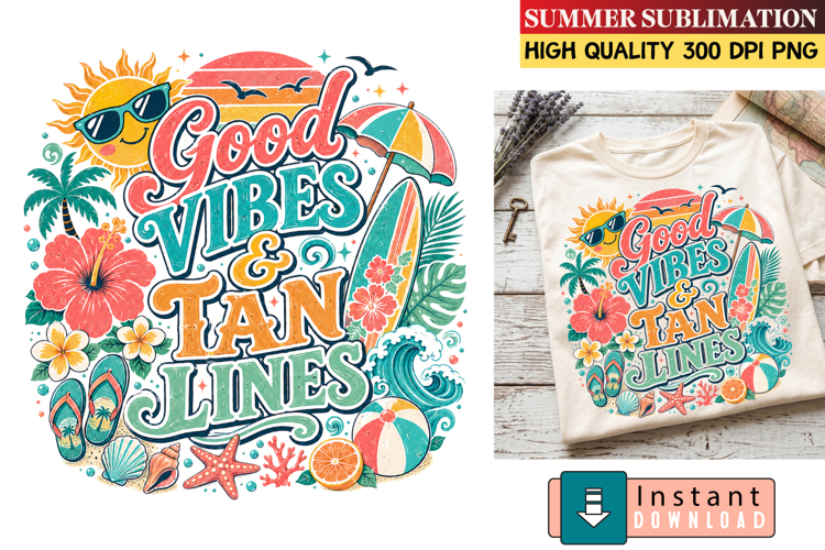 Good Vibes & Land Lines Sublimation Design,Summer Png