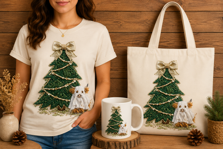 Embroidered Christmas Tree Ghost Cow Holiday Print