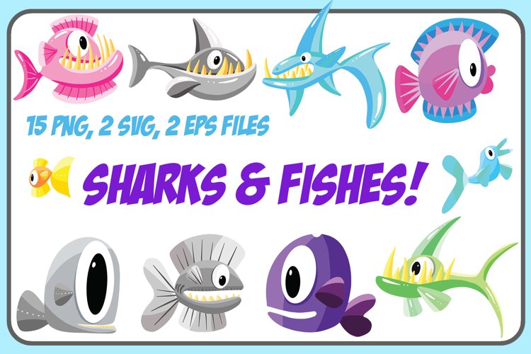 Cartoon Fish and Shark Collection! EPS, PNG and SVG Files example image 1