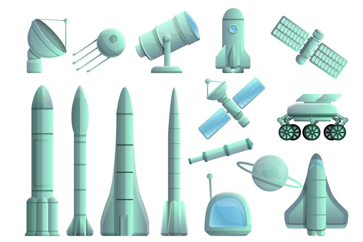 Space research technology icons set, cartoon style