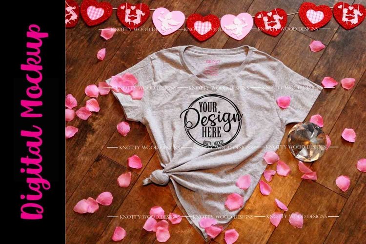 Valentine Mockup - Grey V neck T-shirt - Downloadable JPEG example image 1