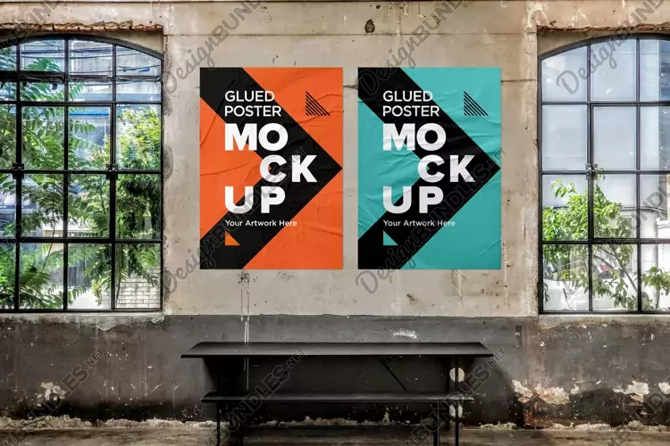 Poster Mockup with Glued, Wrinkled & Crumpled Paper Effect