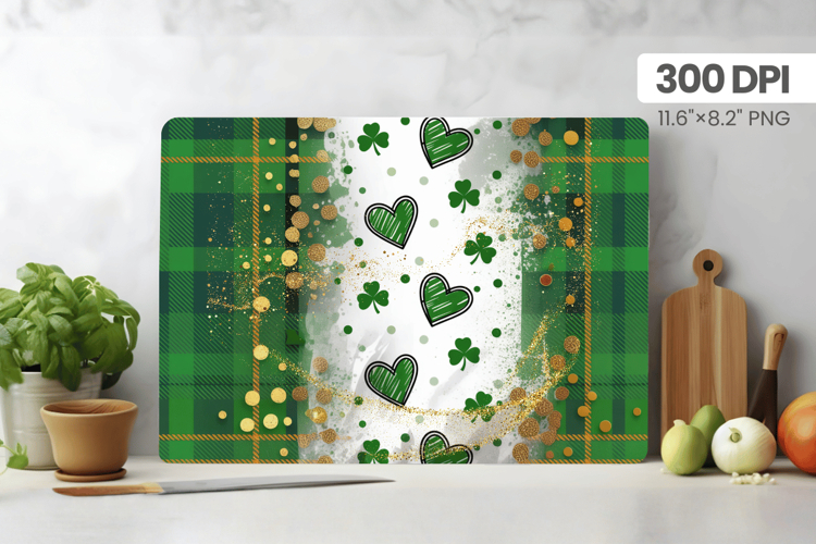 Green Plaid Shamrock Hearts Glitter Cutting Board PNG Sublim