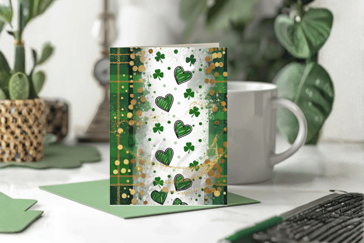 Green Plaid Shamrock Hearts Glitter Greeting Card PNG Sublim