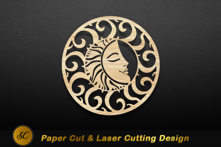 Sun face ornate circular wood carving image Laser cut