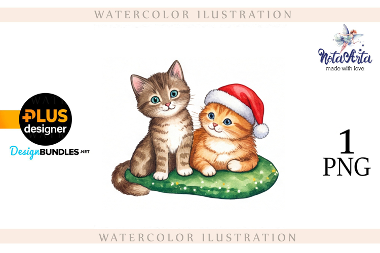 Christmas Kitten in Watercolor Style