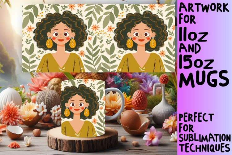 Artistic Flower-Crowned Mug Wrap Design 11oz/15oz example image 1