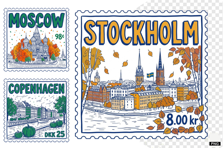 Fall Travel Postage Stamps Clipart
