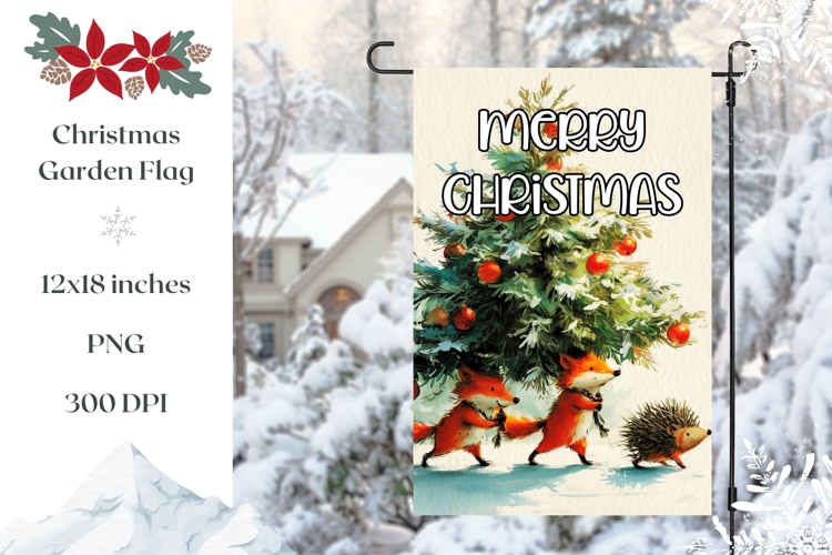 Merry Christmas Garden Flag PNG, Cartoon Winter Animals PNG