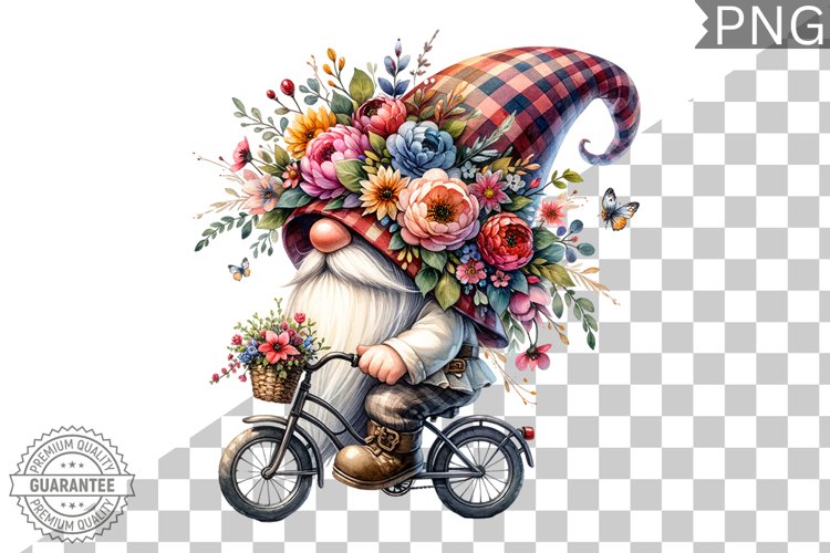 Floral Crown Gnome Rides A Bike Sublimation Clipart Design