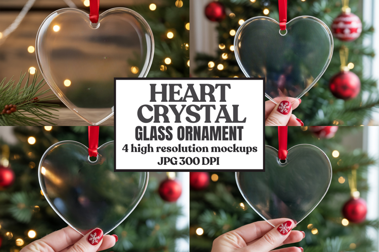 Christmas Heart Crystal Glass Ornament Mockups