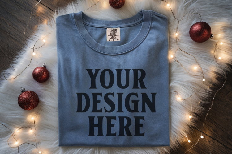 Blue Jean Comfort Colors 1717 Christmas Folded T-Shirt Mock