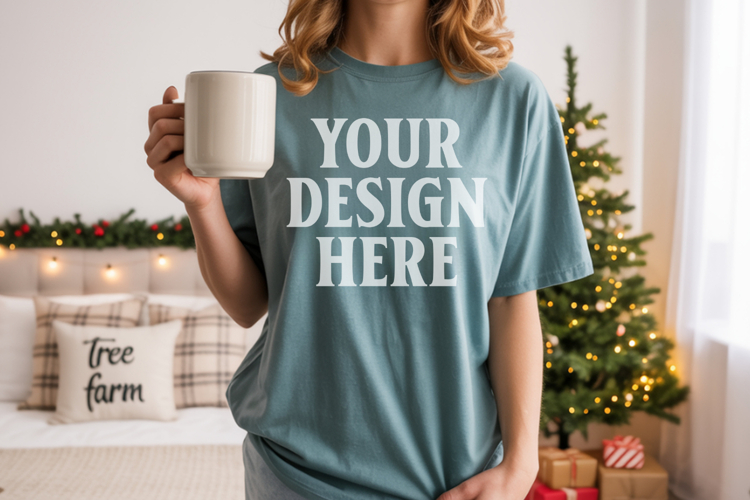 Comfort Colors 1717 Blue Spruce Christmas T-Shirt Mockup, Bo