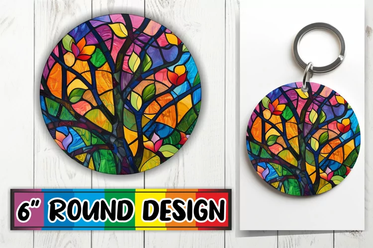 Colorful Stained Glass Tree Round Design Keychain