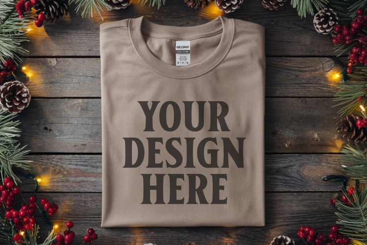 Gildan 64000 Sand Folded Christmas Flat Lay T-shirt